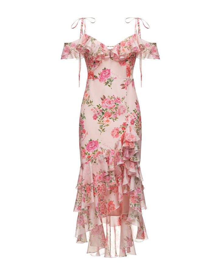 MONICA, A LIGHT PINK MAXI DRESS WITH SHORT SLEEVES AND RUFFLES, ADORNED WITH MEDIUM-SIZED PINK FLOWERS