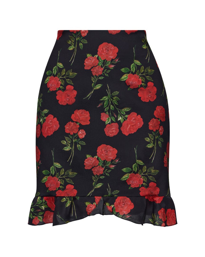 MONA, MINI SKIRT BLACK WITH RED ROSE PRINT