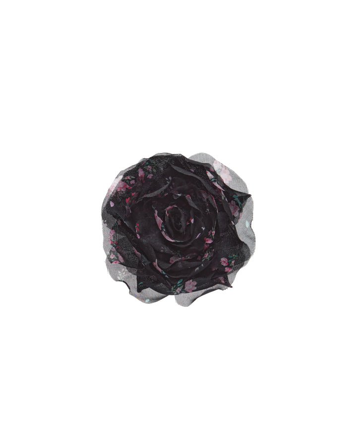 FLORA, A BROOCH IN THE SHAPE OF A FLOWER, BLACK WITH SMALL RASPBERRY FLOWERS