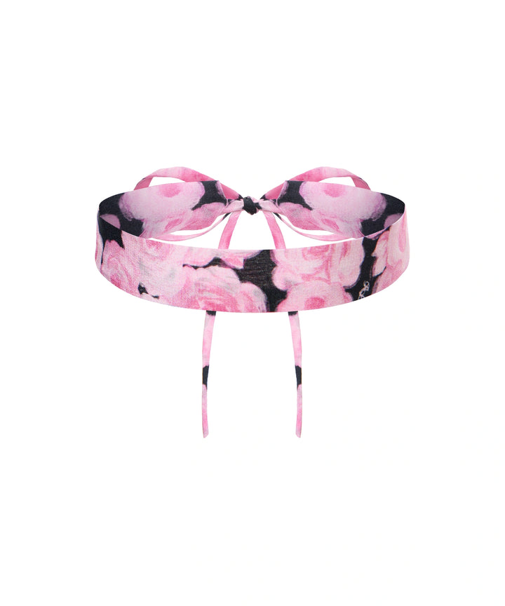 LORA, BLACK CREPE DE CHINE CHOKER WITH MEDIUM PINK FLOWERS