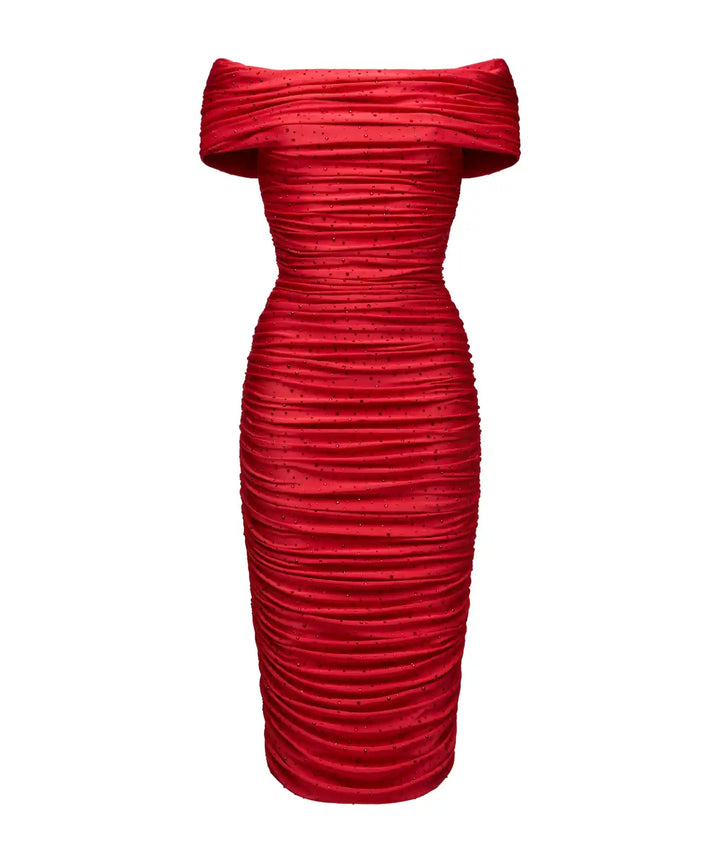 IREN, MIDI DRESS MADE OF RED BIFLEX WITH RHINESTONES