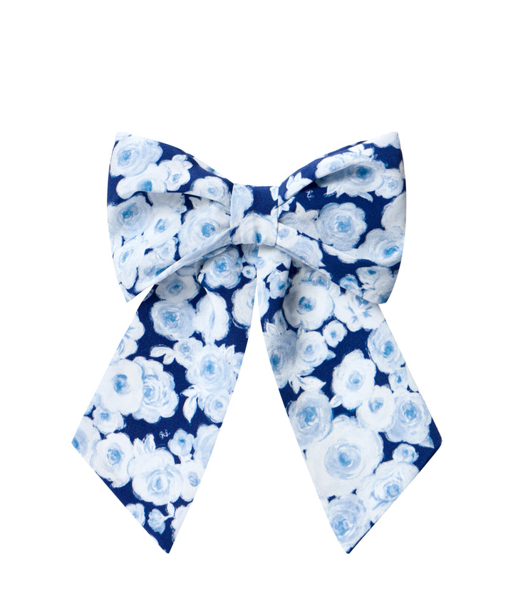 MIRELLA, BLUE CREPE DE CHINE BOW HAIR CLIP WITH LIGHT BLUE FLOWERS