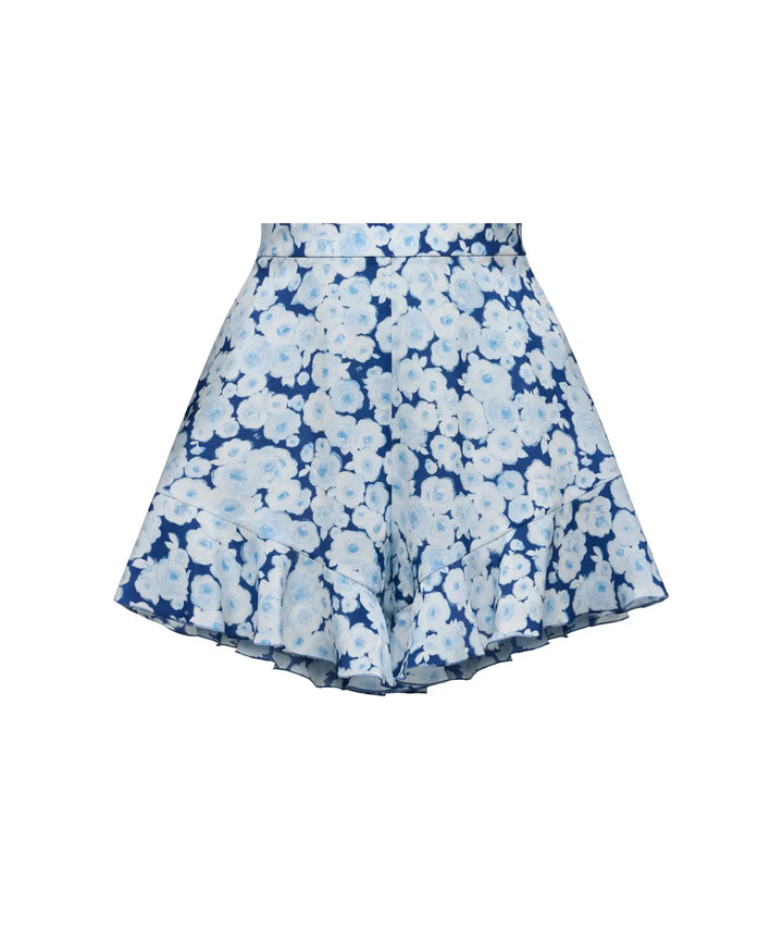 AUDRIE, MINI SHORTS WITH RUFFLES, BLUE WITH LIGHT BLUE FLOWERS