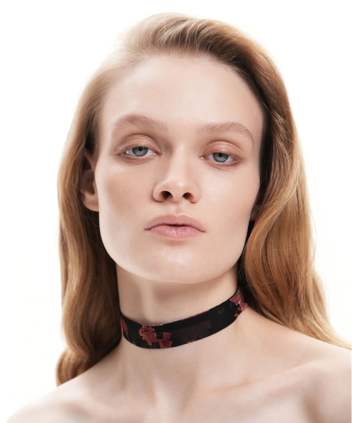 LORA, BLACK CHIFFON CHOKER WITH BURGUNDY FLOWERS