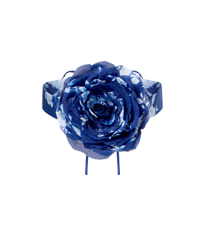 FLORIENA, CHOKER WITH A BLUE CREPE DE CHINE ROSE WITH MEDIUM LIGHT BLUE FLOWERS