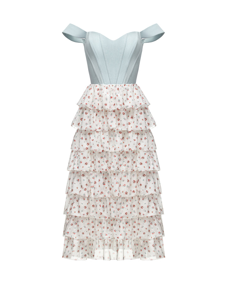 LISEN, A CORSET MIDI DRESS IN CREAMY WHITE ADORNED WITH DELICATE RED FLOWERS