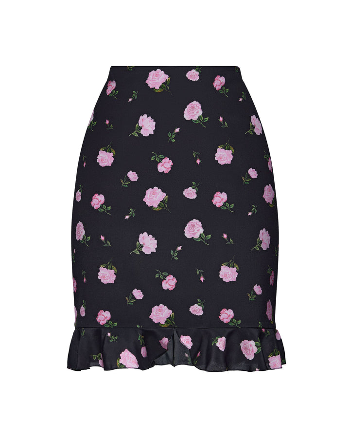 MONA, MINI SKIRT BLACK WITH PINK ROSE PRINT