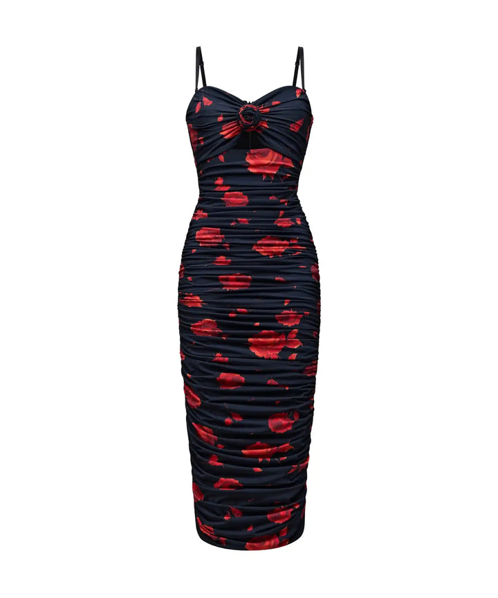 NICOLE, MIDI DRESS MADE OF BLACK BIFLEX WITH RED FLOWERS