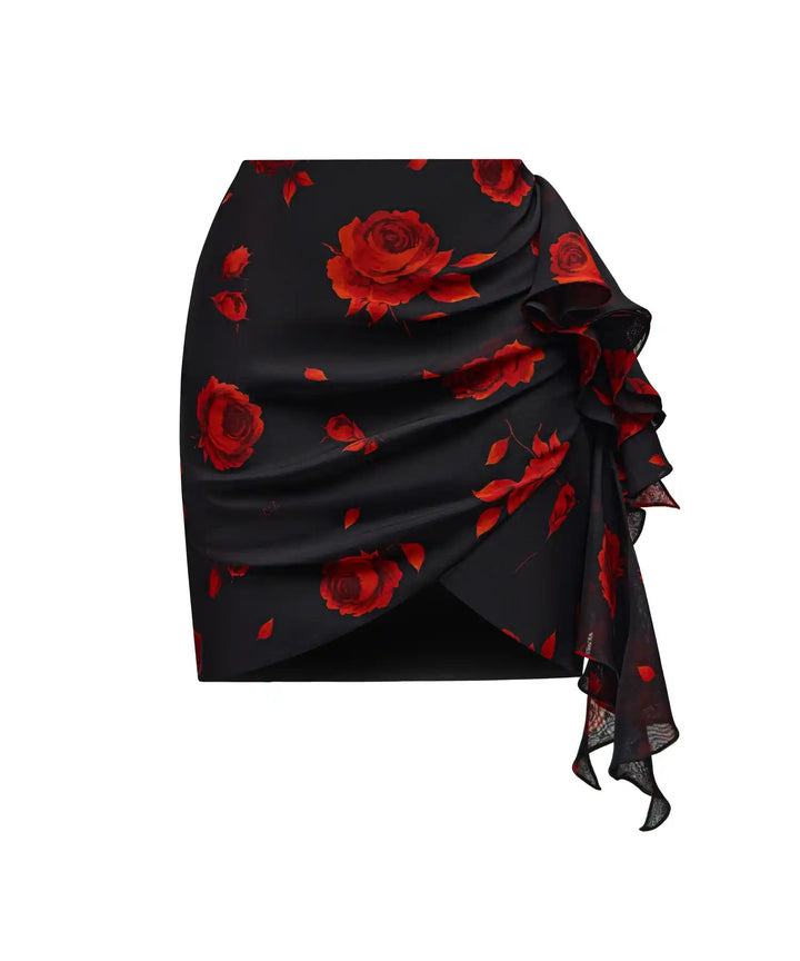 LOREEN, MINI SKIRT MADE OF BLACK CHIFFON WITH RED FLOWERS