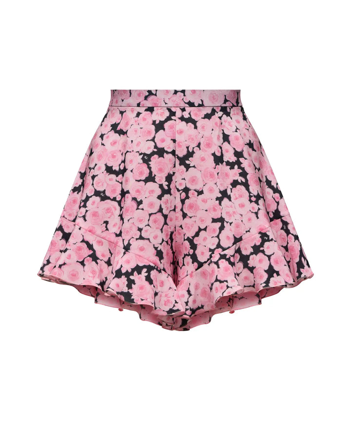 AUDRIE, MINI SHORTS WITH RUFFLES, BLACK WITH PINK FLOWERS