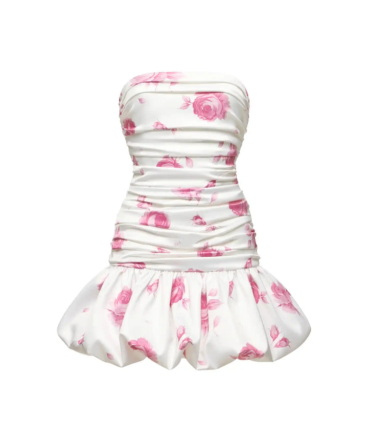 TAYLOR, MINI DRESS MADE OF IVORY SATIN WITH LIGHT PINK FLOWERS