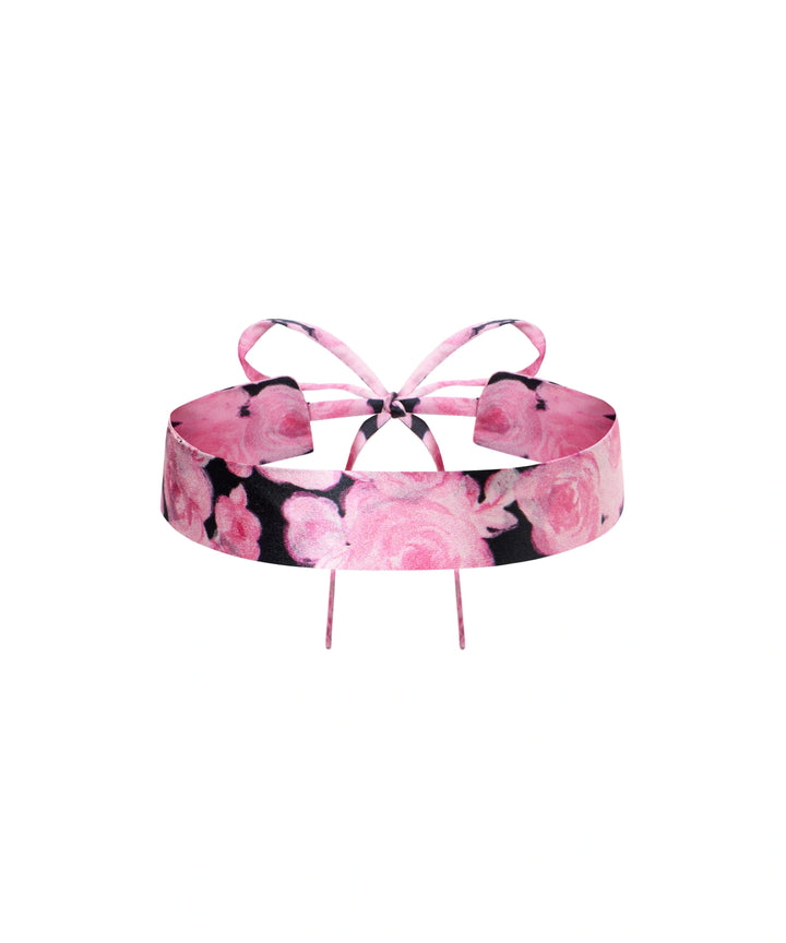 LORA, BLACK SATIN CHOKER WITH MEDIUM PINK FLOWERS