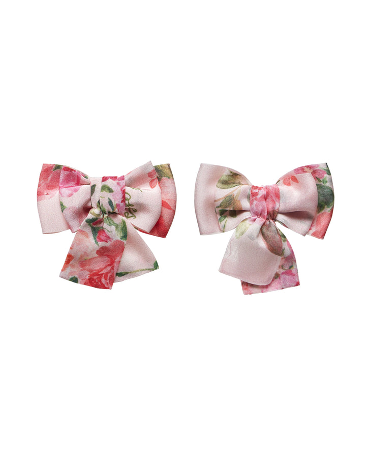 MIMI, CHILDREN'S BOW HAIR CLIPS BABY PINK WITH MEDIUM PINK FLOWERS