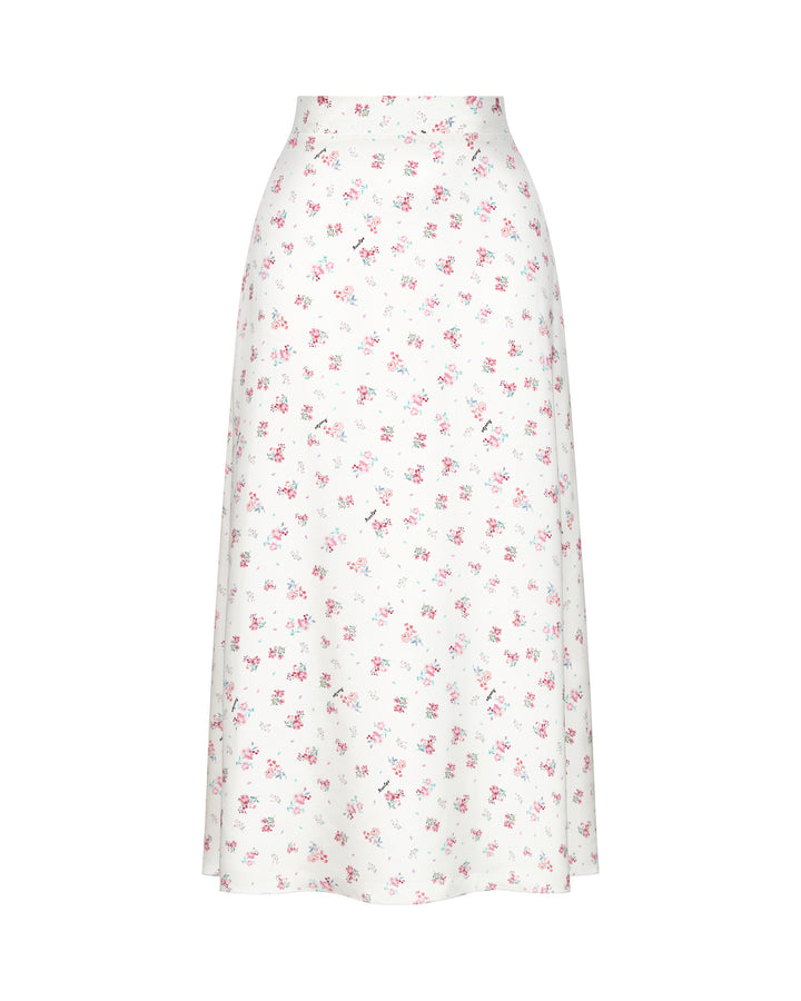 KERRY, MIDI SKIRT, MILKY WHITE WITH SMALL RASPBERRY FLOWERS