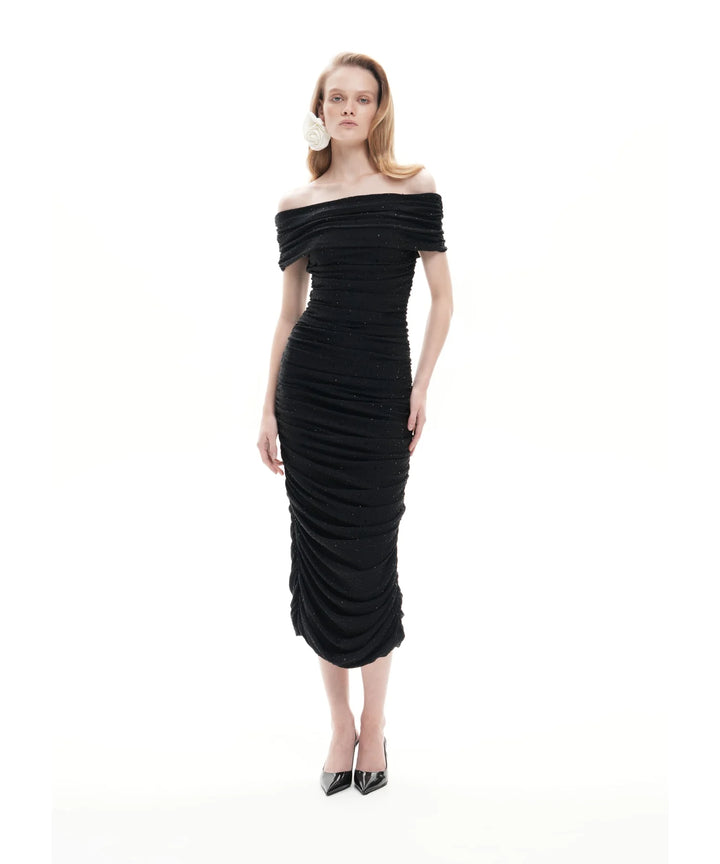 IREN, BLACK BIFLEX MIDI DRESS WITH RHINESTONES