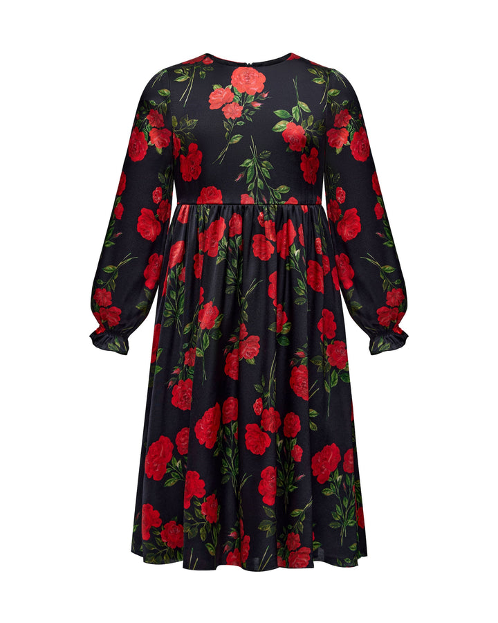 EVA, CHILDREN’S DRESS BLACK WITH RED ROSE PRINT