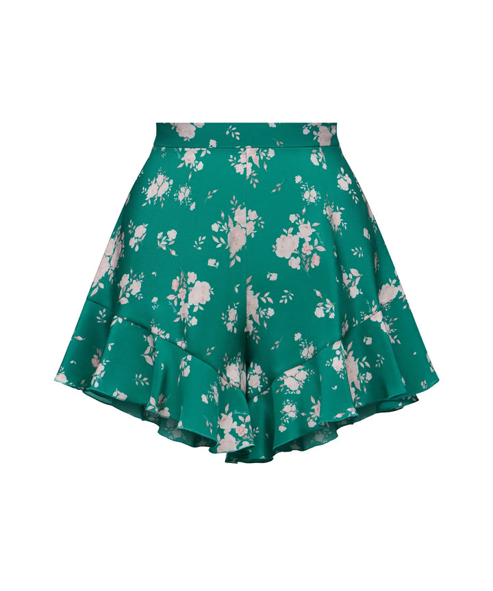 AUDRIE, MINI SHORTS WITH RUFFLES, GREEN WITH MEDIUM LIGHT PINK FLOWERS