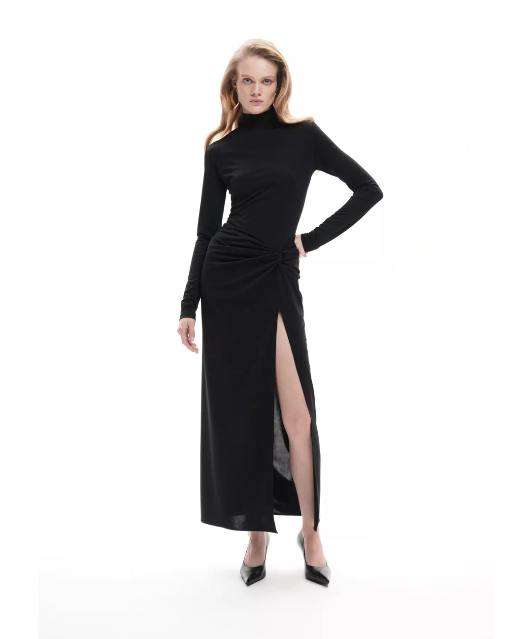 MADELINE, BLACK BIFLEX MIDI DRESS WITH SLIT