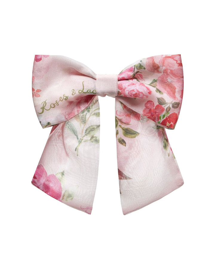 MIRELLA, LIGHT PINK BOW HAIR CLIP WITH MEDIUM PINK FLOWERS