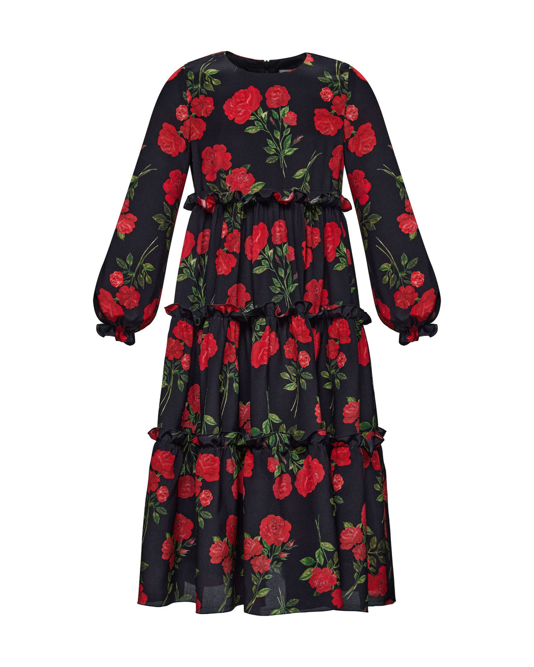 ALISA, CHILDREN’S DRESS BLACK WITH RED ROSE PRINT