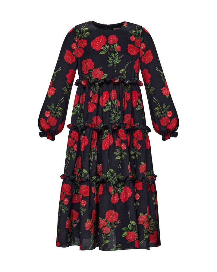 ALISA, CHILDREN’S DRESS BLACK WITH RED ROSE PRINT