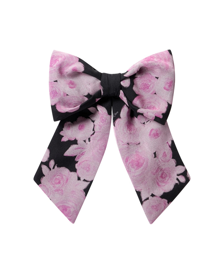 MIRELLA, BLACK CHIFFON BOW HAIR CLIP WITH PINK FLOWERS