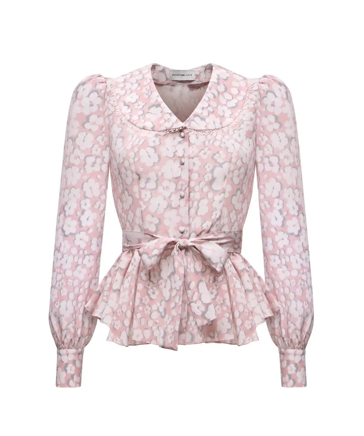 ROSETTA, PINK CREPE DE CHINE BLOUSE WITH MEDIUM MILKY FLOWERS