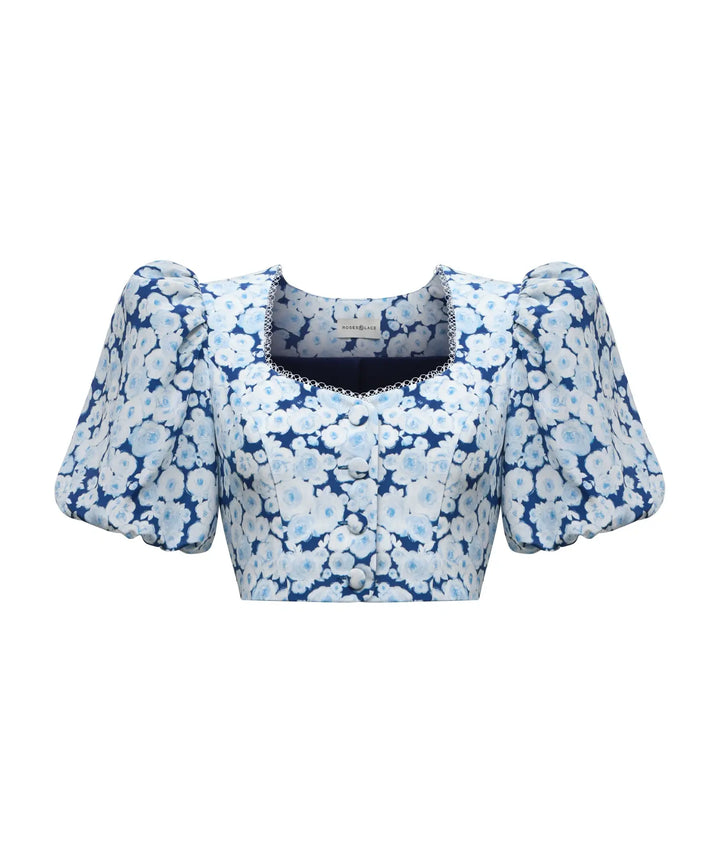 CHANELLE, CROPPED JACKET WITH PUFF SLEEVES, BLUE WITH LIGHT BLUE FLOWERS