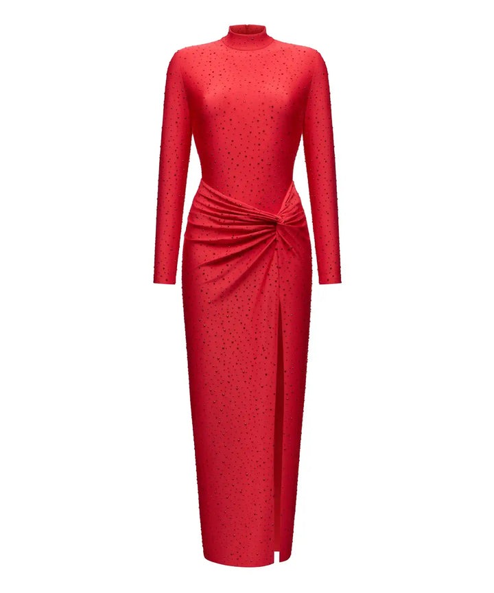 MADELINE, MIDI DRESS MADE OF RED BIFLEX WITH RHINESTONES AND A SLIT