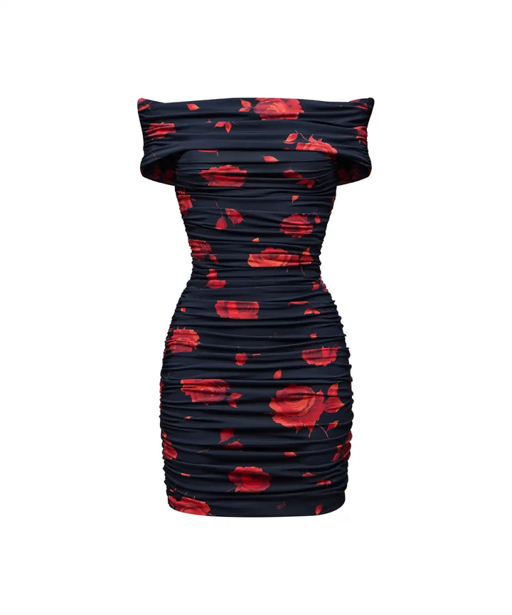 IREN MINI, MINI DRESS MADE OF BLACK BIFLEX WITH RED FLOWERS