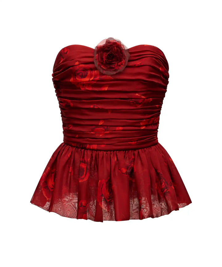 ROSALIE, CORSET TOP MADE OF BURGUNDY CHIFFON WITH RED FLOWERS