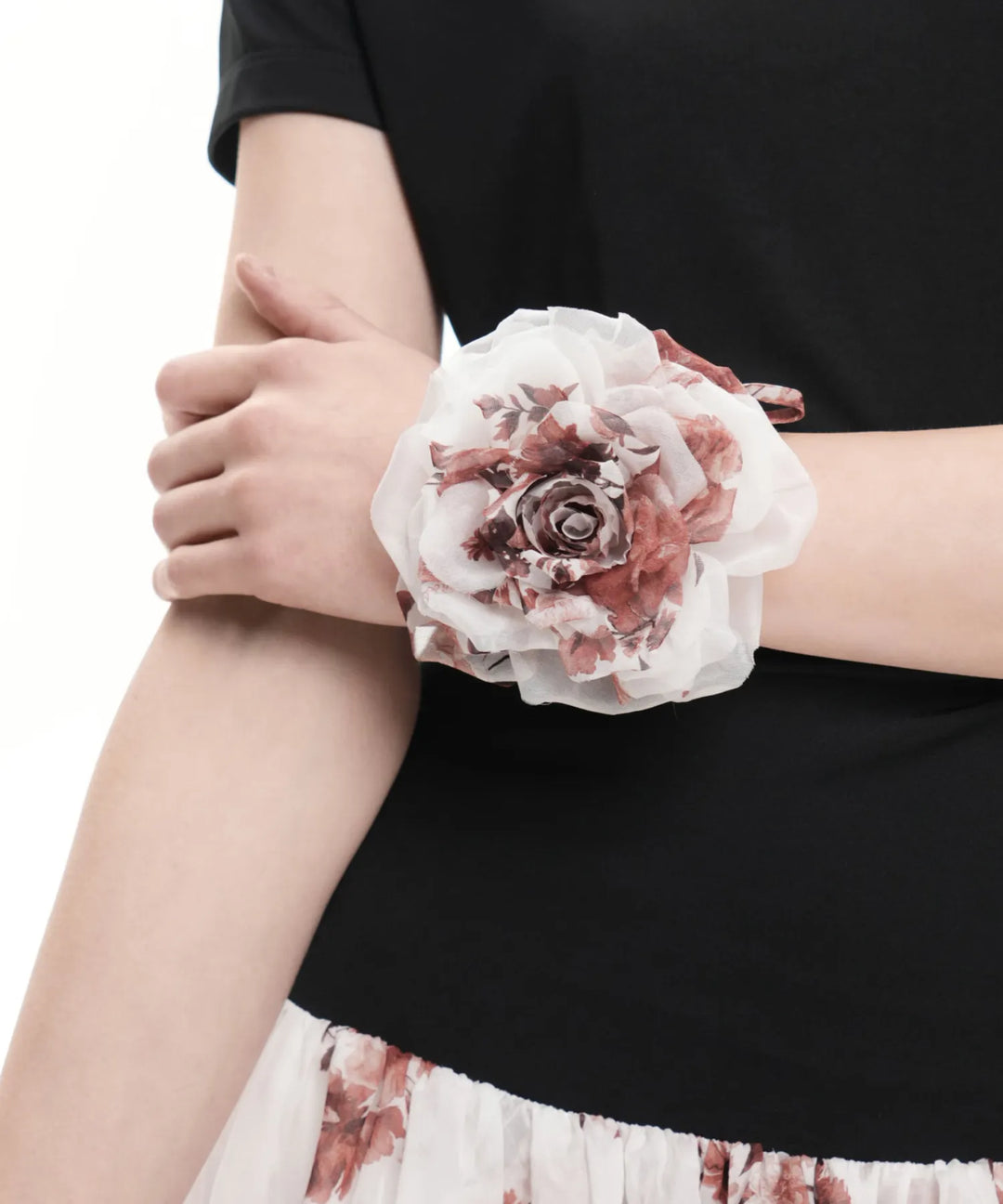 Flora, milky white chiffon flower brooch with burgundy flowers