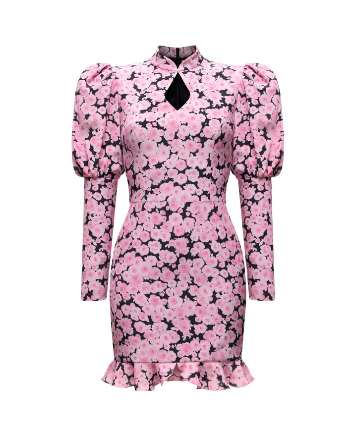 GIANNETTA MINI, BLACK CREPE DE CHINE MINI DRESS WITH MEDIUM PINK FLOWERS