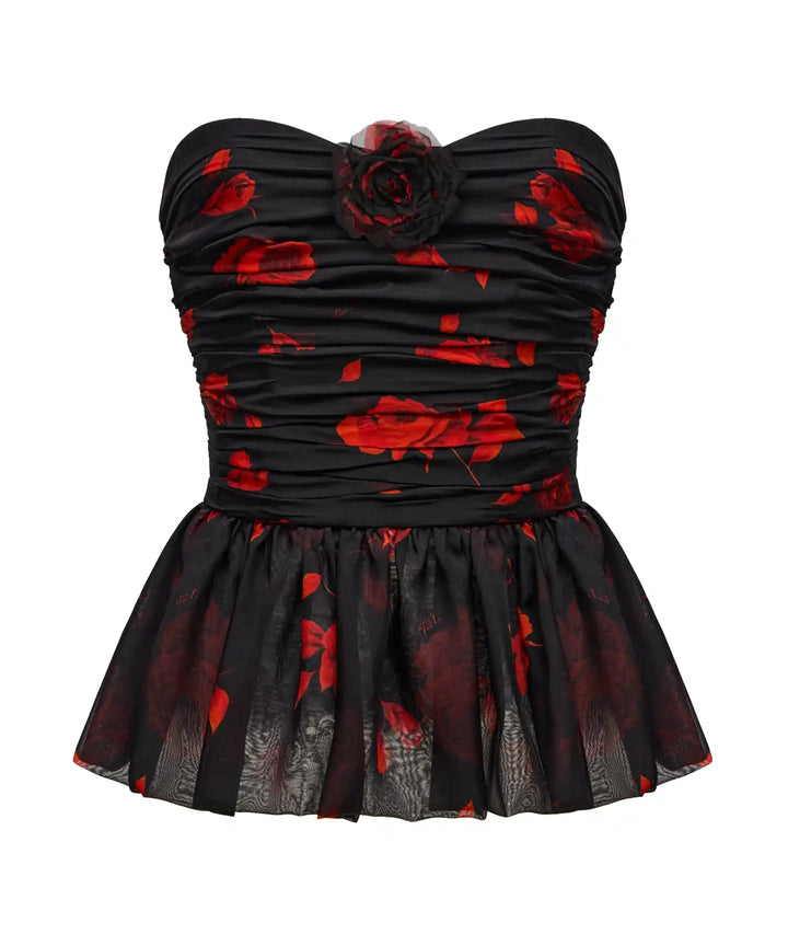 ROSALIE, CORSET TOP MADE OF BLACK CHIFFON WITH RED FLOWERS