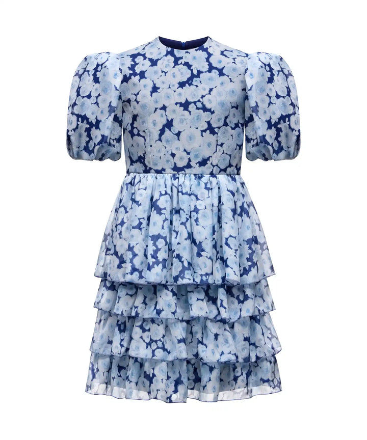 FIFI, CHILDREN DRESS BLUE CHIFFON WITH MEDIUM LIGHT BLUE FLOWERS