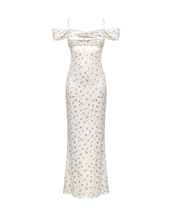 MARLEN, AN MILK WHITE MAXI DRESS WITH SHORT SLEEVES, ADORNED WITH SMALL RASPBERRY FLOWERS