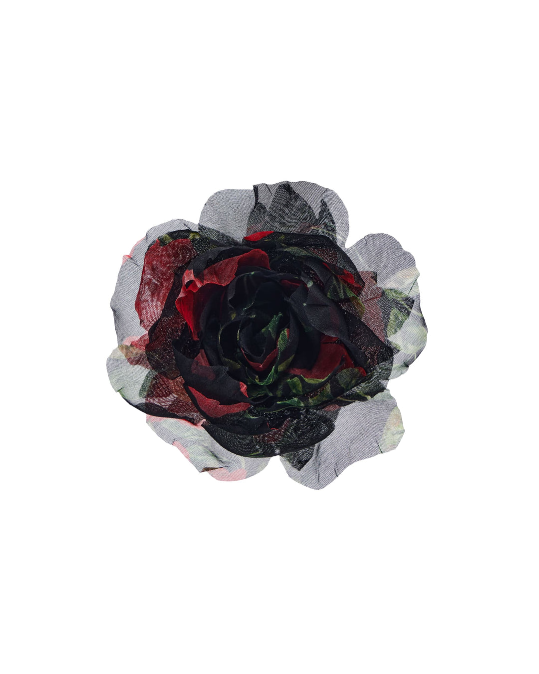 FLORA, FLOWER BROOCH BLACK WITH RED ROSE PRINT