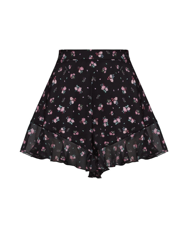 AUDRIE, MINI SHORTS WITH RUFFLES, BLACK WITH SMALL RASPBERRY FLOWERS