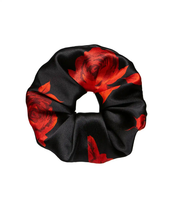 BRUNA, HAIR TIE MADE OF BLACK SATIN WITH RED FLOWERS