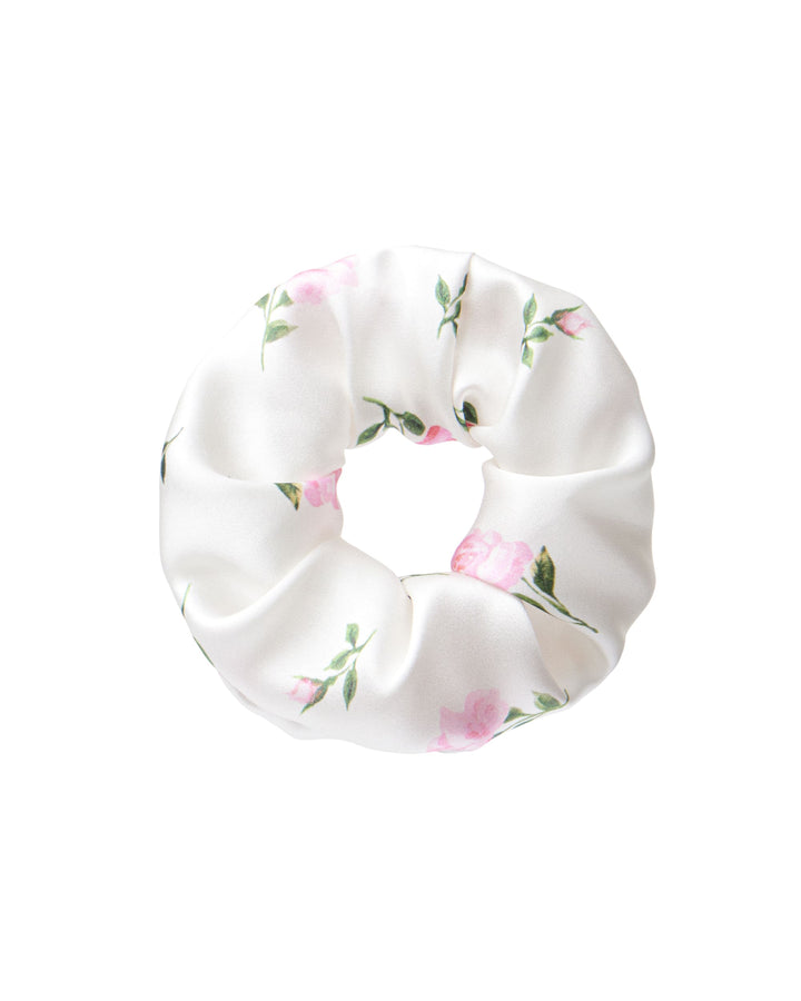 BRUNA, SCRUNCHIE IN MILKY SATIN WITH PINK ROSE PRINT