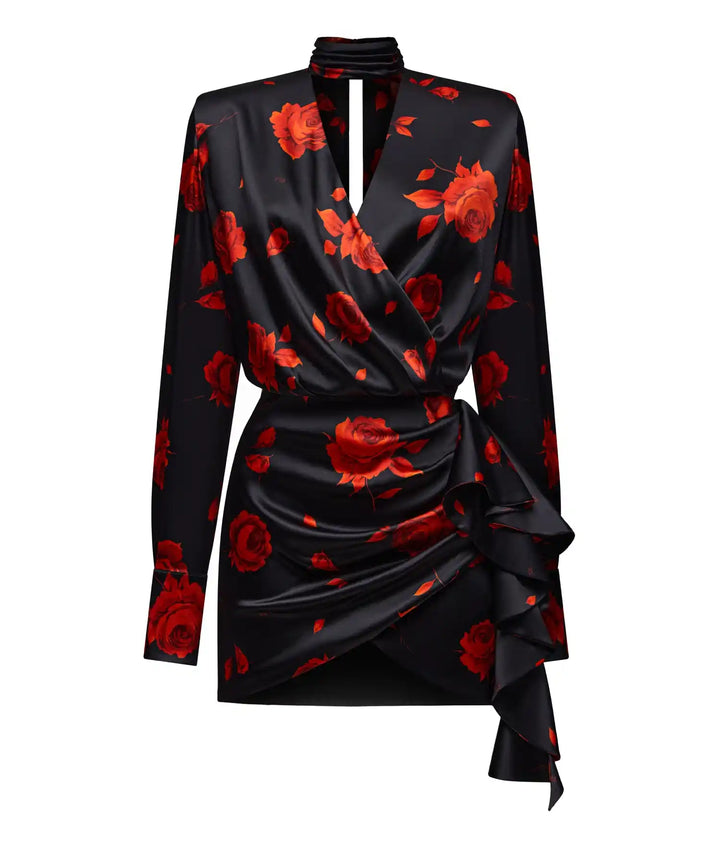 LEAH, MINI DRESS MADE OF BLACK SATIN WITH RED FLOWERS