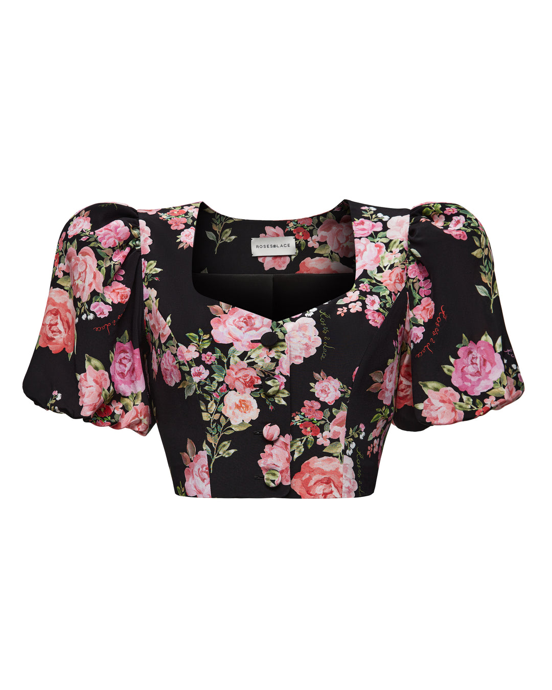 CHANELLE, CROPPED JACKET WITH PUFF SLEEVES, BLACK WITH MEDIUM PINK FLOWERS