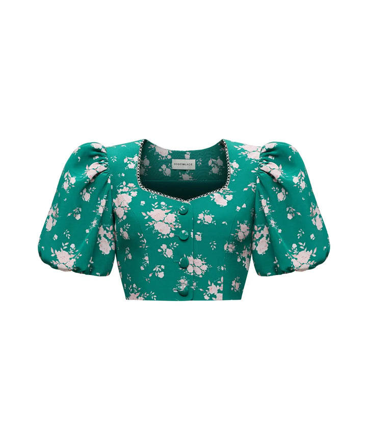 CHANELLE, CROPPED JACKET WITH PUFF SLEEVES, GREEN WITH MEDIUM LIGHT PINK FLOWERS