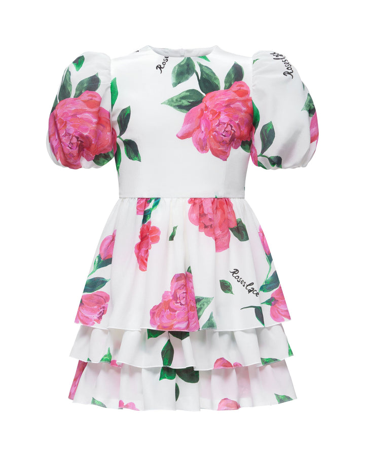 FIFI, CHILDREN’S DRESS MILKY WITH CRIMSON ROSE PRINT