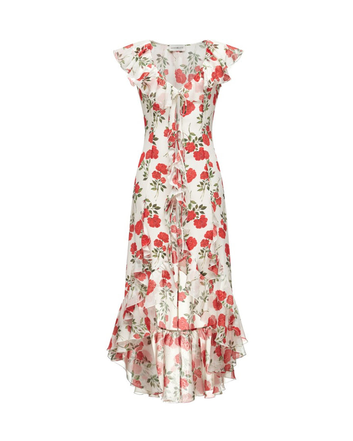 ANNA, A SILK BEACH MIDI DRESS WITH RUFFLES, IN CREAMY WHITE ADORNED WITH DELICATE RED FLOWERS