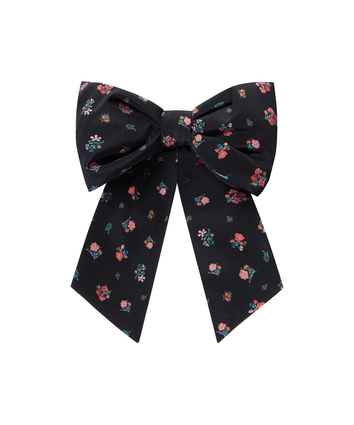 MIRELLA, BLACK CREPE DE CHINE BOW HAIR CLIP WITH SMALL RED FLOWERS