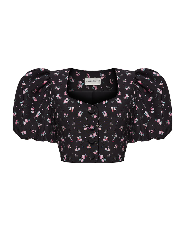 CHANELLE, CROPPED JACKET WITH PUFF SLEEVES, BLACK WITH SMALL RASPBERRY FLOWERS