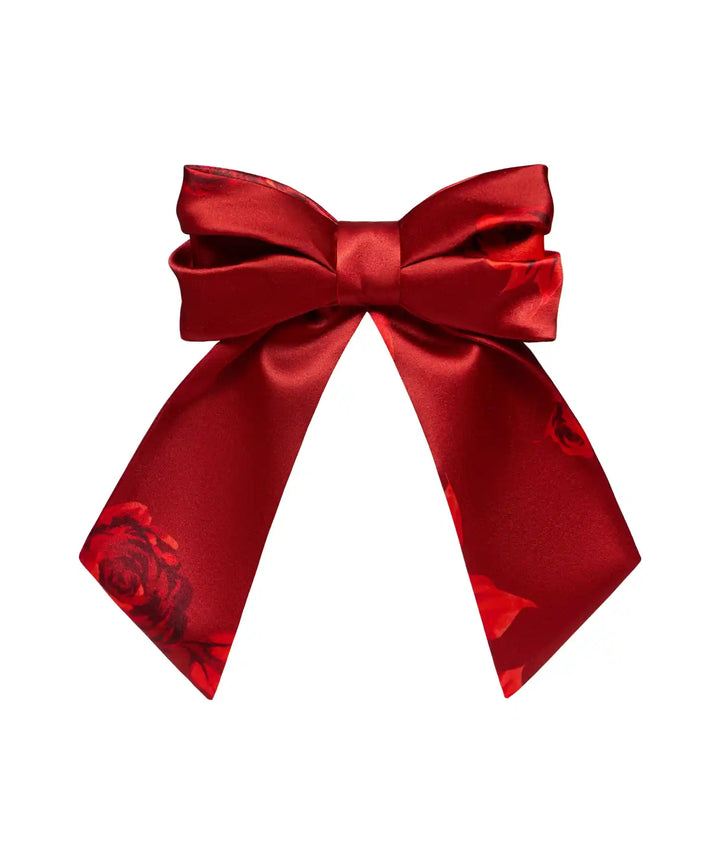 MIRELLA, HAIRCLIP BOW MADE OF BURGUNDY SATIN WITH RED FLOWERS