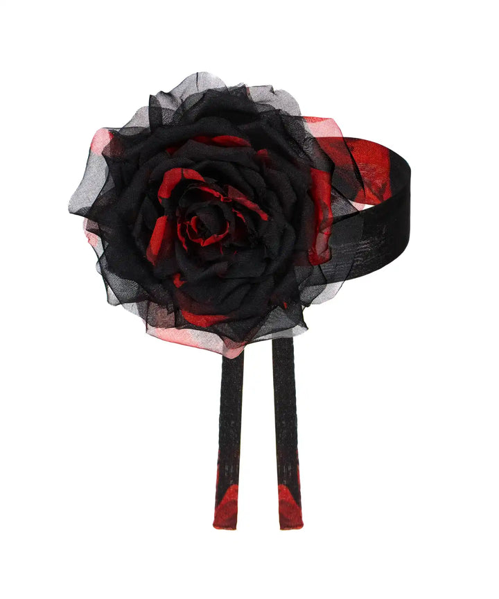 FLORIENA, CHOKER WITH A ROSE MADE OF BLACK CHIFFON WITH RED FLOWERS