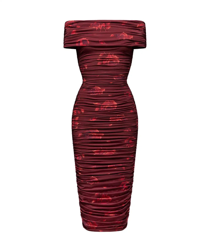 IREN, MIDI DRESS MADE OF BURGUNDY BIFLEX WITH LARGE RED FLOWERS